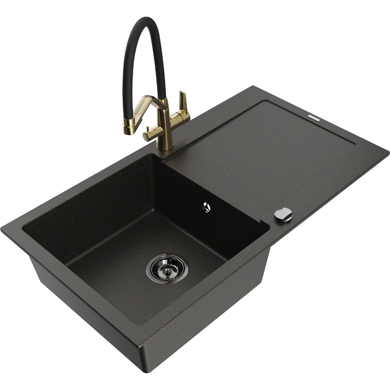 Mexen Leo Granitspüle 1-Becken mit Abtropffläche und Küchenarmatur Duo, schwarz/gold metallisch - 6501-75-671701-57-B
