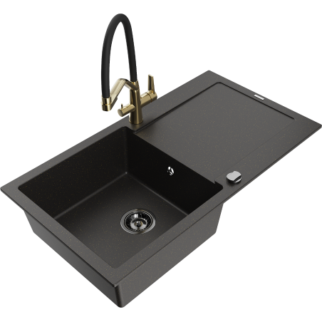 Mexen Leo granieten gootsteen 1-komers met afdruiprek en keukenmengkraan Duo, zwart/goud metallic - 6501-75-671701-57-B