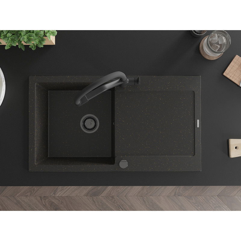 Mexen Leo fregadero de granito de 1 seno con escurridor y grifo de cocina Duo, negro/oro metálico - 6501-75-671701-70-B