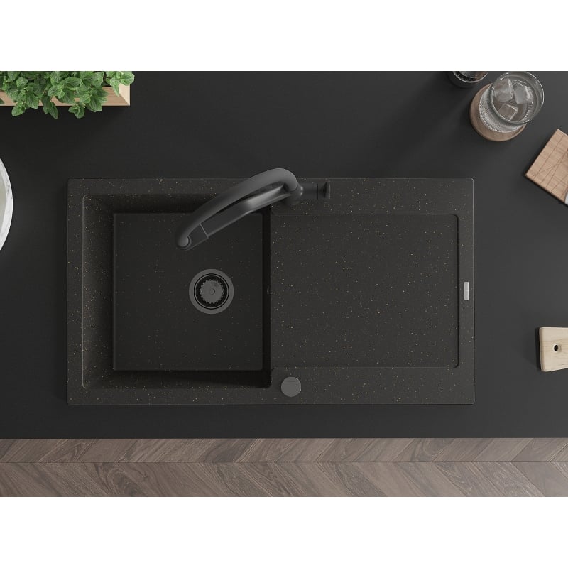 Mexen Leo granit gootsteen 1-kamer met afdruiprek en keukenkraan Duo, zwart/goud metallic - 6501-75-671701-70-B