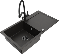 Mexen Leo 1-bowl granite kitchen sink with drainer and Duo tap, black/golden metallic - 6501-75-671701-70-B