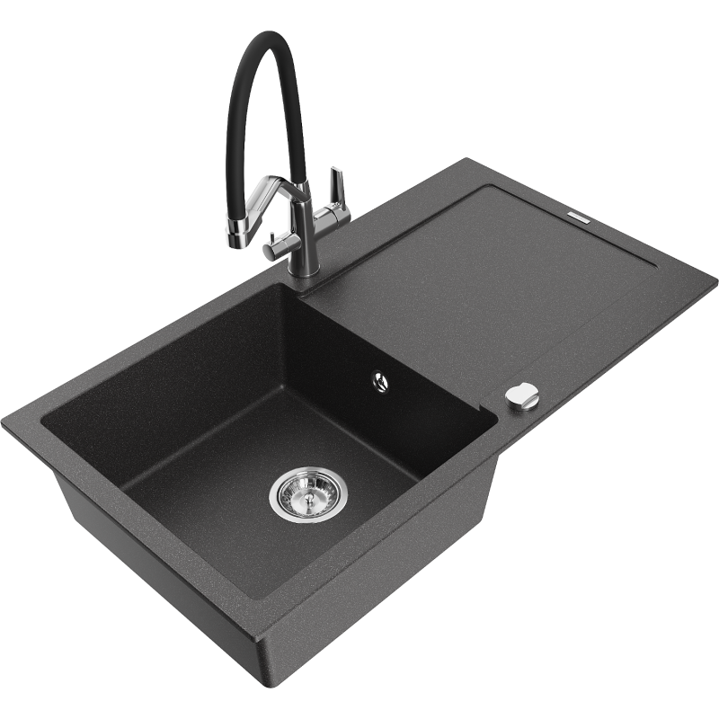 Mexen Leo Granit-Spullsteen mat enger Schoss an enger Kichenbatterie Duo, schwaarz gesprenkelt - 6501-76-671701-07