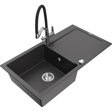 Mexen Leo évier en granit 1 bac avec égouttoir et robinet de cuisine Duo, noir moucheté - 6501-76-671701-07