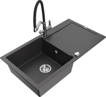 Mexen Leo granite kitchen sink 1-bowl with drainer and Duo kitchen faucet, speckled black - 6501-76-671701-07