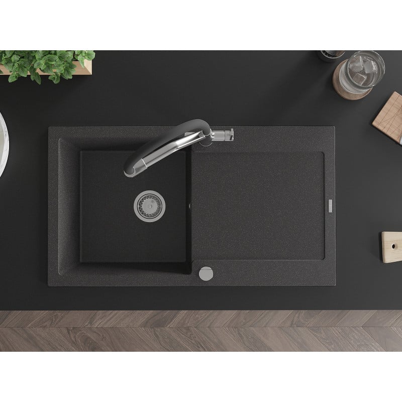 Mexen Leo fregadero de granito de 1 cubeta con escurridor y grifo de cocina Duo, negro moteado - 6501-76-671701-07