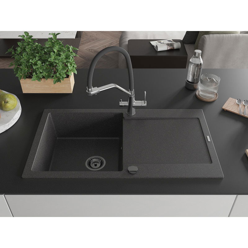 Mexen Leo 1-bowl granite sink with drainer and Duo kitchen tap, speckled black - 6501-76-671701-07-B
