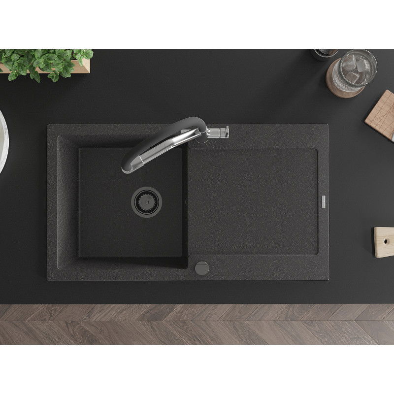Mexen Leo 1-bowl granite sink with drainer and Duo kitchen tap, speckled black - 6501-76-671701-07-B