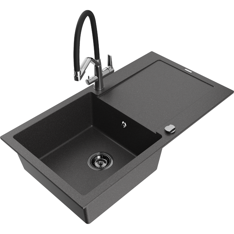 Mexen Leo 1-bowl granite sink with drainer and Duo kitchen tap, speckled black - 6501-76-671701-07-B