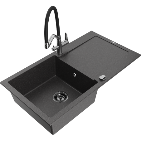 Mexen Leo 1-bowl granite sink with drainer and Duo kitchen faucet, speckled black - 6501-76-671701-07-B