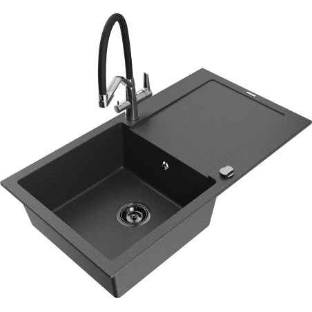 Mexen Leo 1-bowl granite sink with drainer and Duo kitchen tap, speckled black - 6501-76-671701-07-B