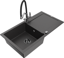 Mexen Leo fregadero de granito de 1 cubeta con escurridor y grifo de cocina Duo, negro moteado - 6501-76-671701-07-B