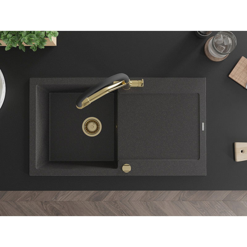 Mexen Leo 1-bowl granite sink with drainer and kitchen tap Duo, black speckled - 6501-76-671701-57-G