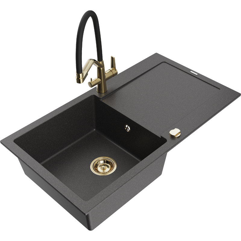 Mexen Leo fregadero de granito de 1 seno con escurridor y grifo de cocina Duo, negro moteado - 6501-76-671701-57-G