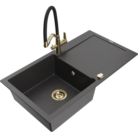 Mexen Leo 1-bowl granite sink with drainer and kitchen tap Duo, black speckled - 6501-76-671701-57-G