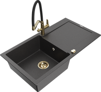 Mexen Leo 1-bowl granite sink with drainer and kitchen tap Duo, black speckled - 6501-76-671701-57-G