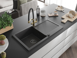 Mexen Leo granite sink 1-bowl with drainer and Duo kitchen tap, black speckled - 6501-76-671701-57-B