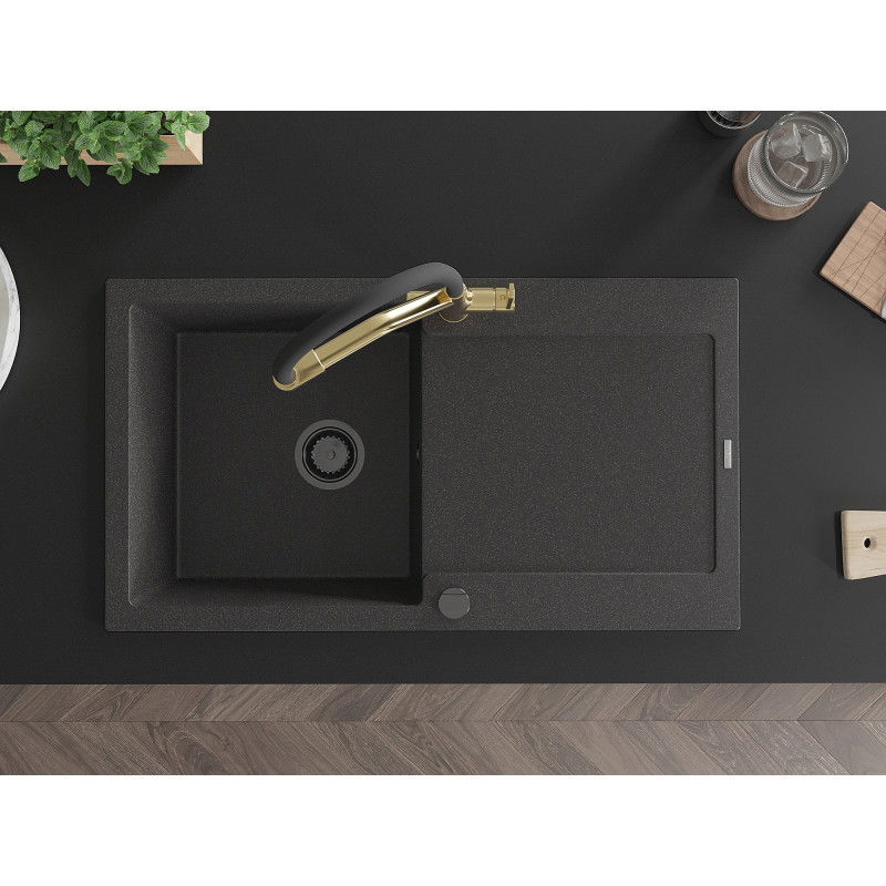 Mexen Leo fregadero de granito 1 cubeta con escurridor y grifo de cocina Duo, negro moteado - 6501-76-671701-57-B