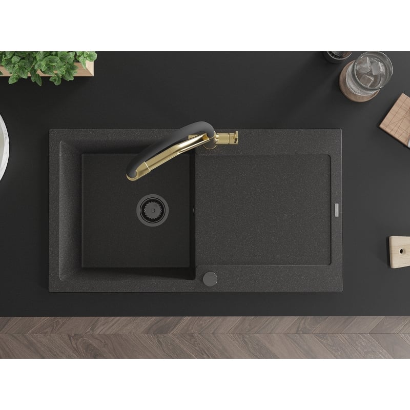 Mexen Leo granite sink 1-bowl with drainer and Duo kitchen faucet, black speckled - 6501-76-671701-57-B
