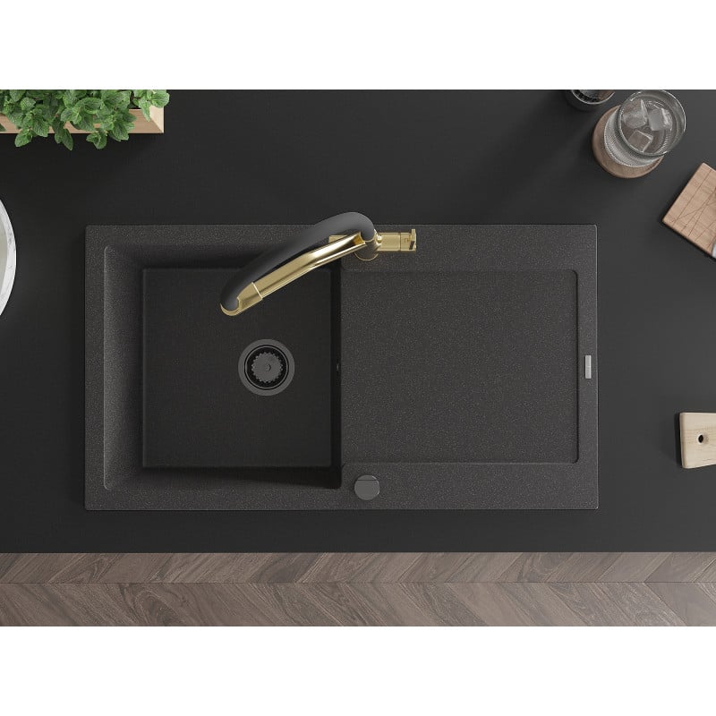 Mexen Leo lava-louças de granito de 1 cuba com escorredor e misturadora de cozinha Duo, preto salpicado - 6501-76-671701-57-B
