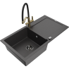 Mexen Leo granite sink 1-bowl with drainer and Duo kitchen tap, black speckled - 6501-76-671701-57-B