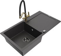 Mexen Leo granite sink 1-bowl with drainer and Duo kitchen faucet, black speckled - 6501-76-671701-57-B