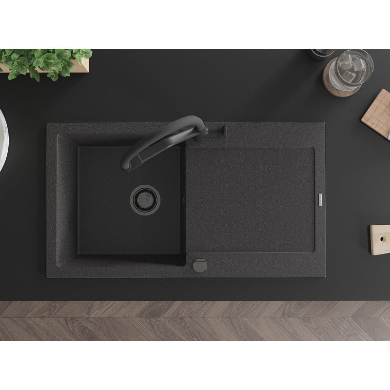 Mexen Leo fregadero de granito de 1 cubeta con escurridor y grifo de cocina Duo, negro moteado - 6501-76-671701-70-B