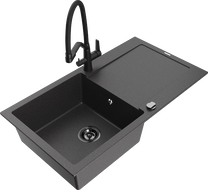 Mexen Leo granite kitchen sink 1-bowl with drainer and Duo kitchen faucet, black speckled - 6501-76-671701-70-B