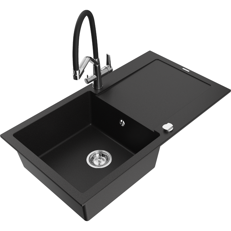 Mexen Leo fregadero de granito de 1 compartimento con escurridor y grifo de cocina Duo, negro - 6501-77-671701-07