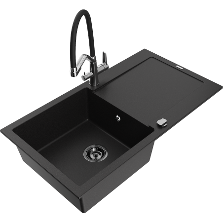 Mexen Leo granite single-bowl sink with drainer and Duo kitchen faucet, black - 6501-77-671701-07-B