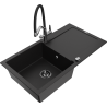 Mexen Leo granite single-bowl sink with drainer and Duo kitchen faucet, black - 6501-77-671701-07-B
