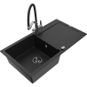 Mexen Leo granite sink 1-bowl with drainer and Duo kitchen tap, black - 6501-77-671701-07-B