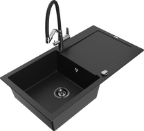 Mexen Leo granite sink 1-bowl with drainer and Duo kitchen tap, black - 6501-77-671701-07-B
