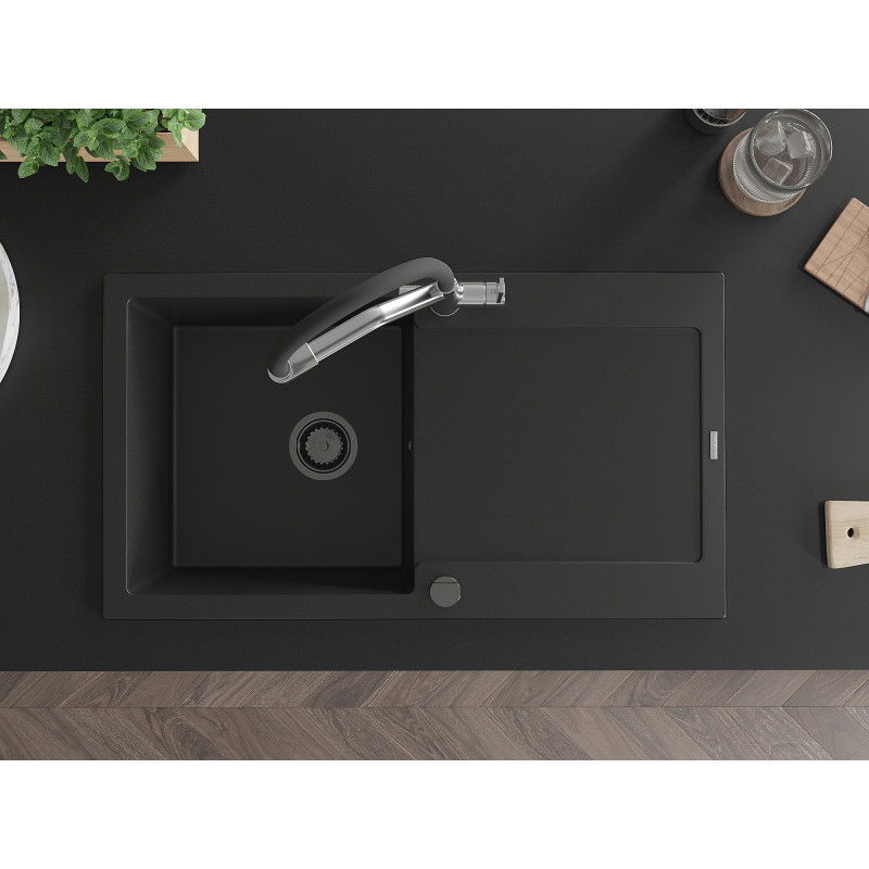 Mexen Leo fregadero de granito de 1 cubeta con escurridor y grifo de cocina Duo, negro - 6501-77-671701-07-B