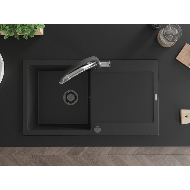 Mexen Leo granitdiskbänk enkelt med avrinning och köksblandare Duo, svart - 6501-77-671701-07-B