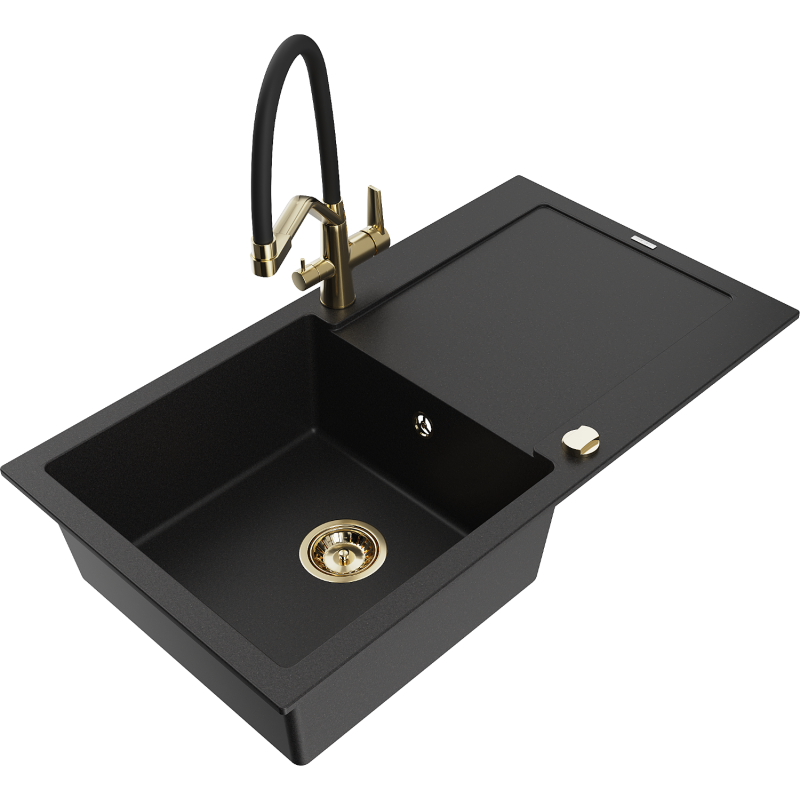 Mexen Leo évier en granit 1 bac avec égouttoir et robinet de cuisine Duo, noir - 6501-77-671701-57-G