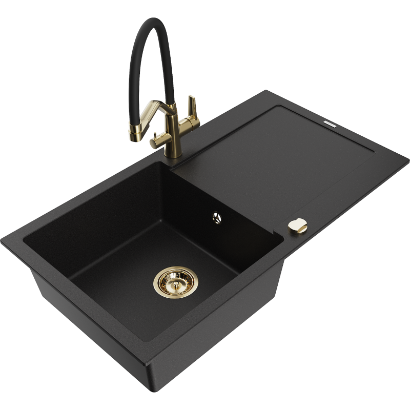 Mexen Leo fregadero de granito de 1 seno con escurridor y grifo de cocina Duo, negro - 6501-77-671701-57-G