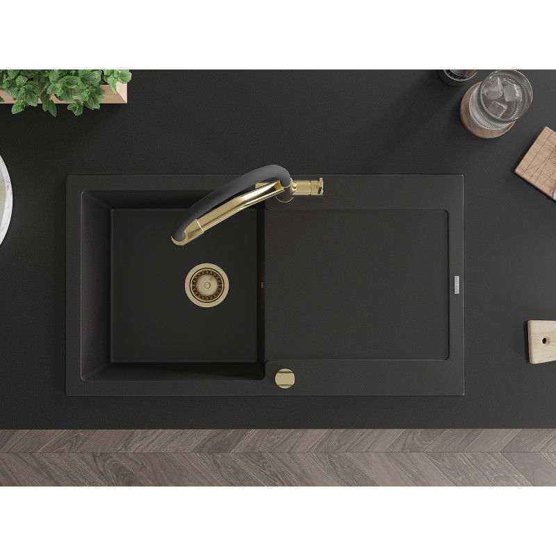 Mexen Leo granite 1-chamber sink with drainer and Duo kitchen tap, black - 6501-77-671701-57-G