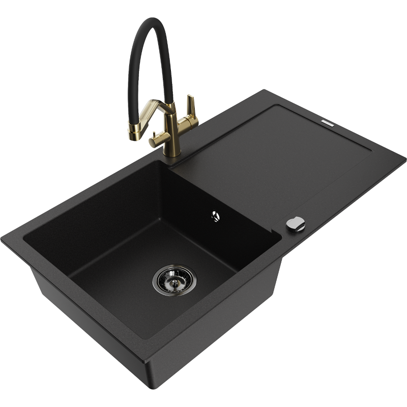 Mexen Leo fregadero de granito de 1 seno con escurridor y grifo de cocina Duo, negro - 6501-77-671701-57-B