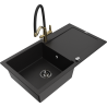 Mexen Leo granite sink with a single bowl, drainer, and Duo kitchen tap, black - 6501-77-671701-57-B