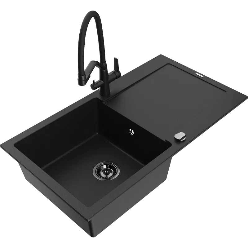Mexen Leo 1-Bowl Granite Sink with Drainer and Duo Kitchen Tap, Black - 6501-77-671701-70-B