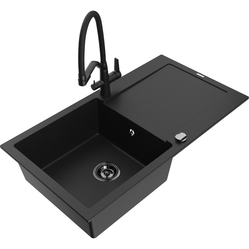Mexen Leo fregadero de granito de 1 seno con escurridor y grifo de cocina Duo, negro - 6501-77-671701-70-B