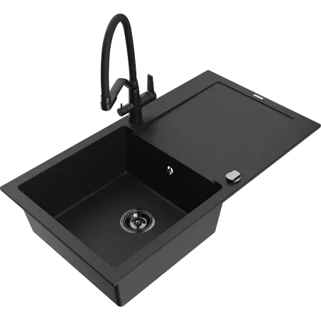Mexen Leo 1-Bowl Granite Sink with Drainer and Duo Kitchen Tap, Black - 6501-77-671701-70-B