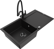 Mexen Leo fregadero de cocina de granito de 1 seno con escurridor y grifo de cocina Duo, negro - 6501-77-671701-70-B