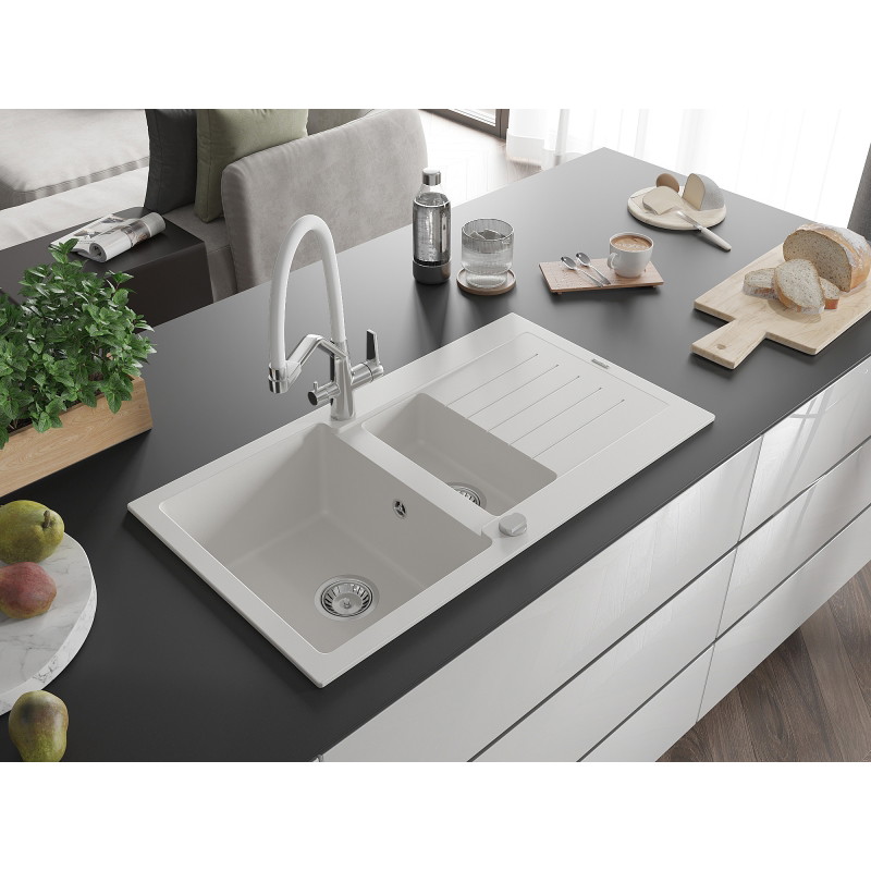 Mexen Matias fregadero de granito de 1,5 senos con escurridor y grifo de cocina Duo, blanco - 6502-20-671701-02