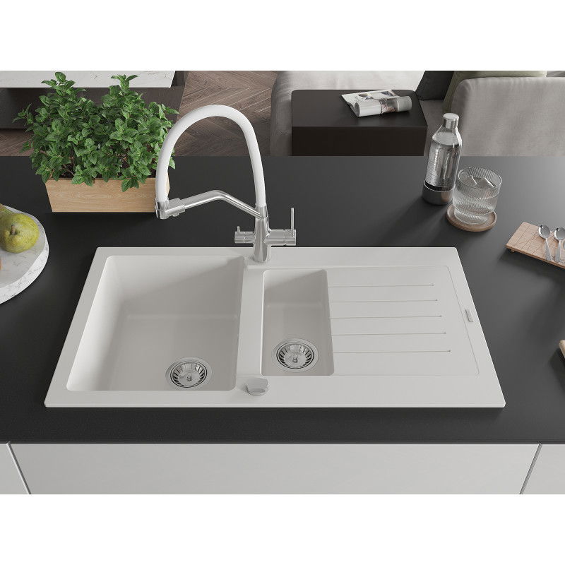 Mexen Matias granite sink 1.5-bowl with drainer and Duo kitchen tap, white - 6502-20-671701-02