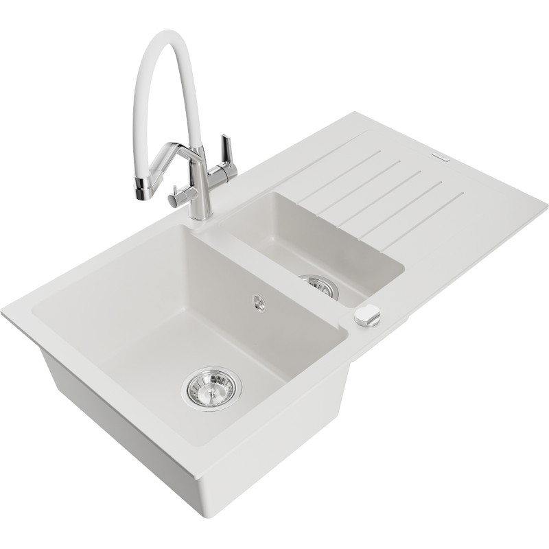 Mexen Matias fregadero de granito de 1,5 senos con escurridor y grifo de cocina Duo, blanco - 6502-20-671701-02