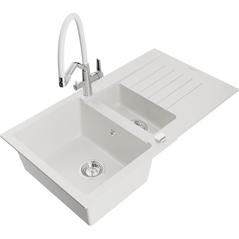 Mexen Matias granite sink 1.5-bowl with drainer and Duo kitchen faucet, white - 6502-20-671701-02