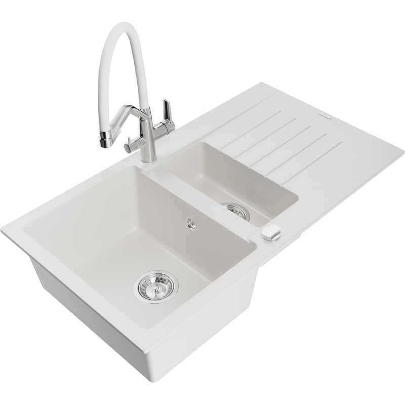 Mexen Matias granite sink 1.5-bowl with drainer and Duo kitchen tap, white - 6502-20-671701-02