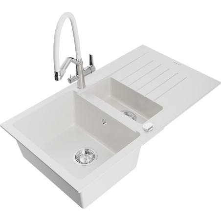 Mexen Matias fregadero de granito 1,5 senos con escurridor y grifo de cocina Duo, blanco - 6502-20-671701-02