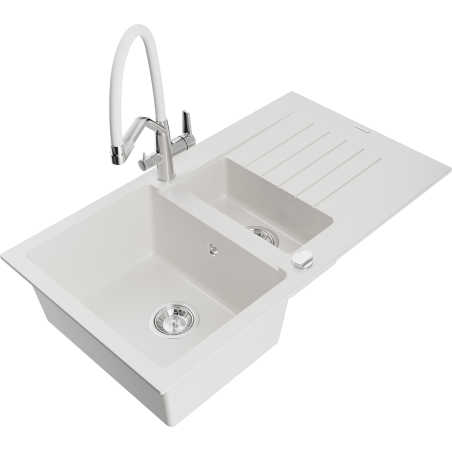 Mexen Matias granite sink 1.5-bowl with drainer and Duo kitchen faucet, white - 6502-20-671701-02